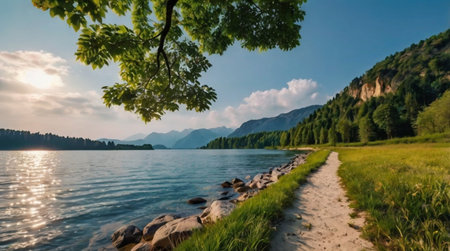 Tropical beach with turquoise water and white sandy shore.の写真素材