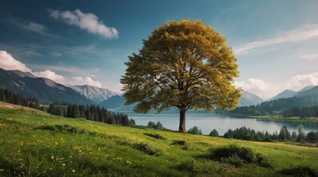 Mist rising above a tranquil mountain lake.の写真素材