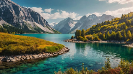 Peaceful valley covered with morning dew.の写真素材