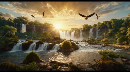 Peaceful rural road leading into sunset horizon.の写真素材