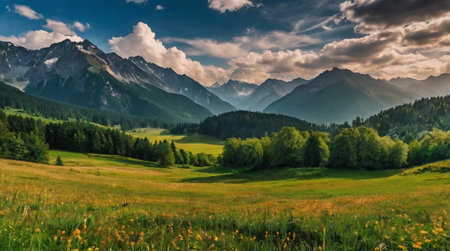 Golden savannah under a dramatic cloudy sky.の写真素材