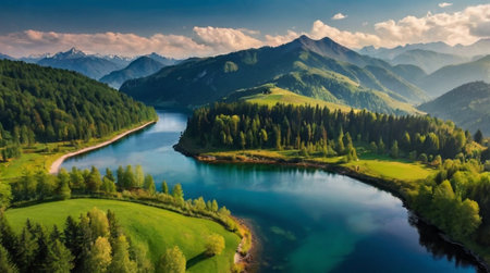 Peaceful meadow glowing under soft sunset light.の写真素材