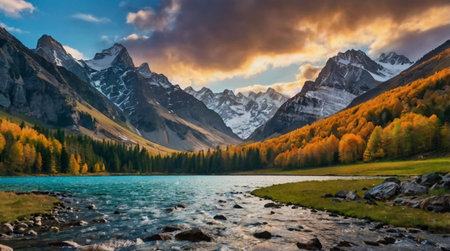 Snow-covered valley glowing under sunrise light.の写真素材