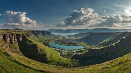 Lush valley with a lake and surrounding mountains.の写真素材