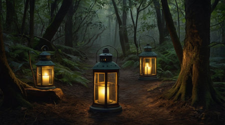 Lanterns lit in a foggy forest at night.の写真素材