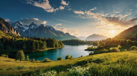 Mountain range with a serene lake at sunset.の写真素材