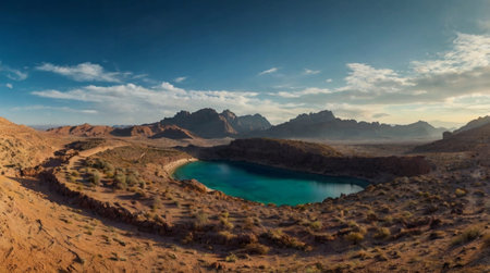 Clear sky mirrored in still mountain lake.の写真素材