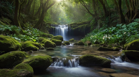 Peaceful valley covered with morning dew.の写真素材