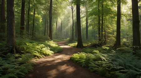 Endless green valley surrounded by rolling hills and morning mist.の写真素材