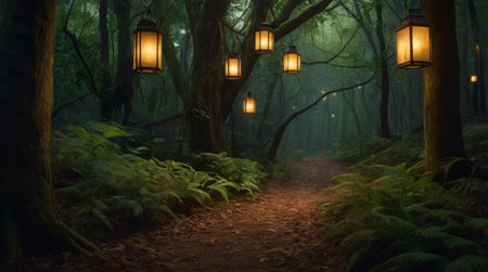 Forest path lit by lanterns.の写真素材