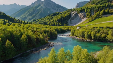Lush green valley with a winding river surrounded by mountains and dense forest.の写真素材