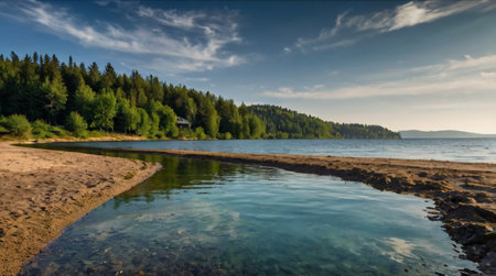 Lush rainforest landscape with sun rays filtering through trees.の写真素材