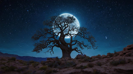 Wide scenic landscape beneath a brilliant blue sky.の写真素材