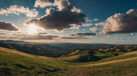 Rolling hills covered in golden autumn colors.の写真素材