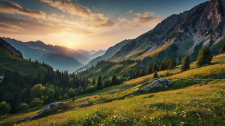 Lush green rainforest valley covered in morning mist.の写真素材