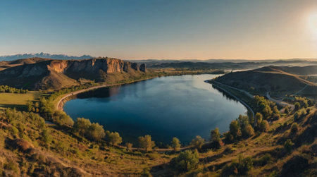 Peaceful lake under a sky full of stars.の写真素材