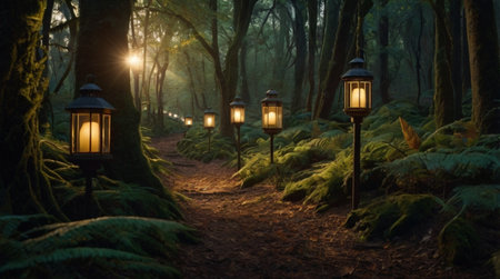 Quiet forest lake surrounded by tall pine trees.の写真素材