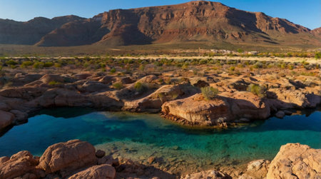 Dramatic rock formation over a serene lake.の写真素材