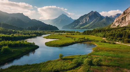 Peaceful sunset over a quiet countryside lake.の写真素材