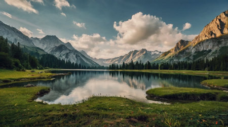 Snow-covered valley glowing under sunrise light.の写真素材
