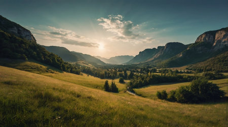 Tranquil countryside village nestled among green hills.の写真素材