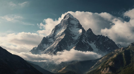 Morning mist covers the lush green valley.の写真素材