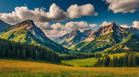 Fog drifting gently across a quiet pine forest at dawn.の写真素材