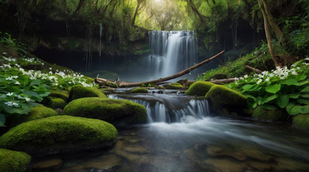 Peaceful desert oasis with palm trees and clear water.の写真素材