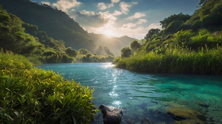 Clear waterfall flowing over smooth mossy stones.の写真素材