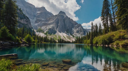 Clear blue river flowing through a forest canyon.の写真素材