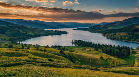 Tropical waterfall surrounded by dense green jungle.の写真素材