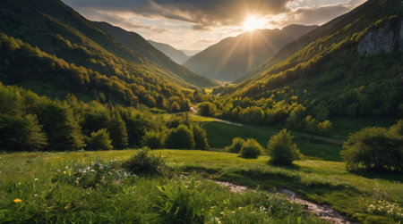 Lush valley with a winding river at dawn.の写真素材