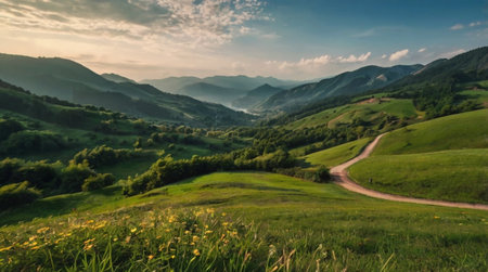 Peaceful valley with a winding road at sunrise.