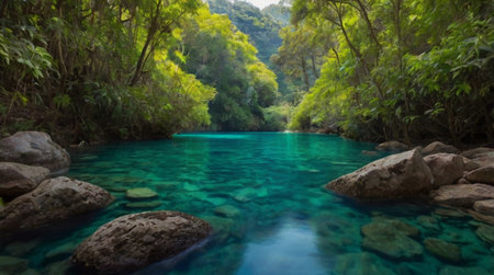 Peaceful forest illuminated by golden sun rays.の写真素材