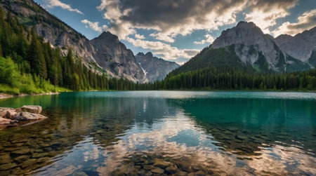 A calm mountain lake reflecting the surrounding peaks like a mirror.の写真素材