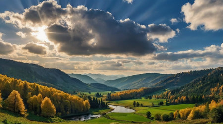 Tropical rainforest river surrounded by dense greenery.の写真素材