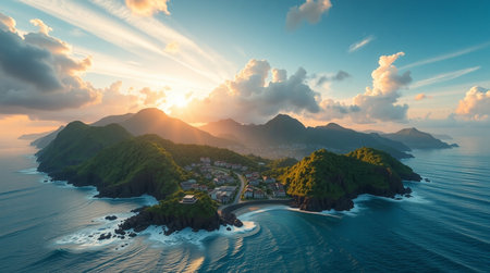 Desert dunes glowing under dramatic sunset sky.の写真素材