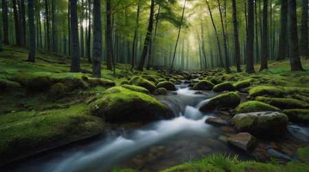 Tranquil alpine lake with mirror-like reflections.の写真素材