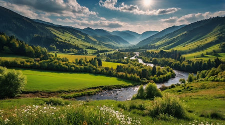 Scenic countryside with a river at sunset.の写真素材