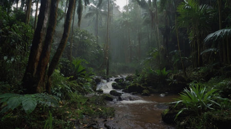 Stream flowing through a lush, foggy tropical rainforest.
