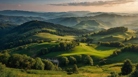 Green hills and forests with a distant mountain range under a clear sky.