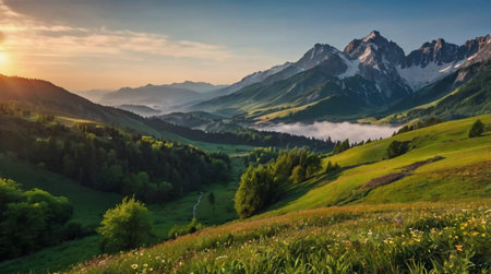 Morning dew on green grass under soft golden sunlight.