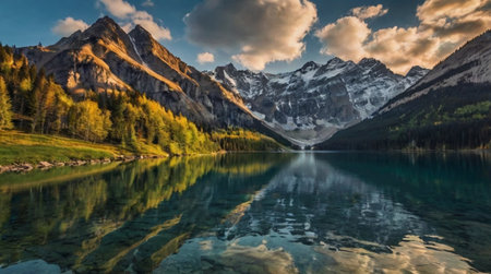 Vibrant sunset illuminating mountain lake scene.