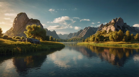 Tropical island shoreline during sunrise glow.の写真素材