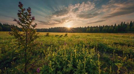 Sunrise over rolling hills covered in fog.の写真素材