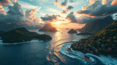 Lush green rice terraces under soft sunlight.の写真素材