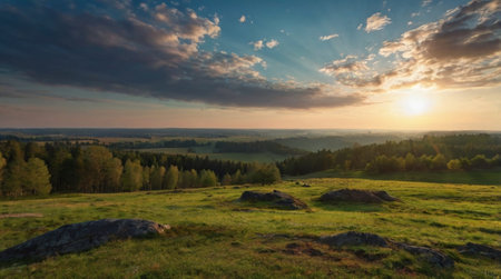 Peaceful countryside sunrise with morning fog.の写真素材