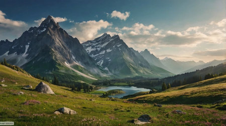 Sunrise over rolling hills covered in fog.の写真素材