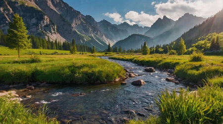 Scenic countryside sunrise with light morning mist.の写真素材