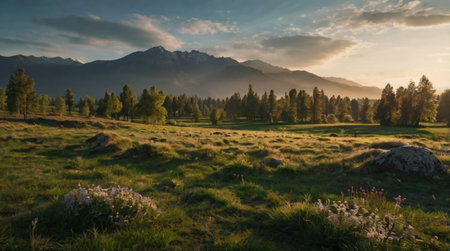 Sunrise above rolling hills covered in fog.の写真素材